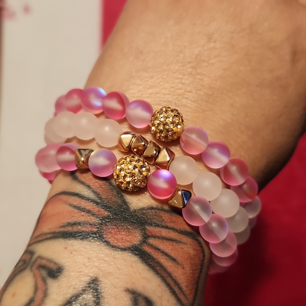 Iridescent Rose Quartz Stretch Bracelets, Set Of 3